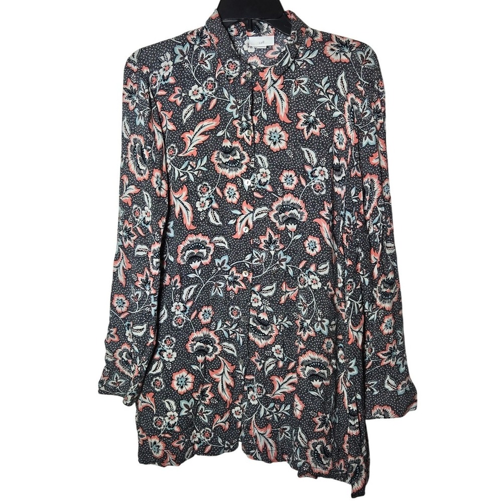 J Jill Women Floral Button Long Sleeve Top Petite Large LP Boho Sheer Garden